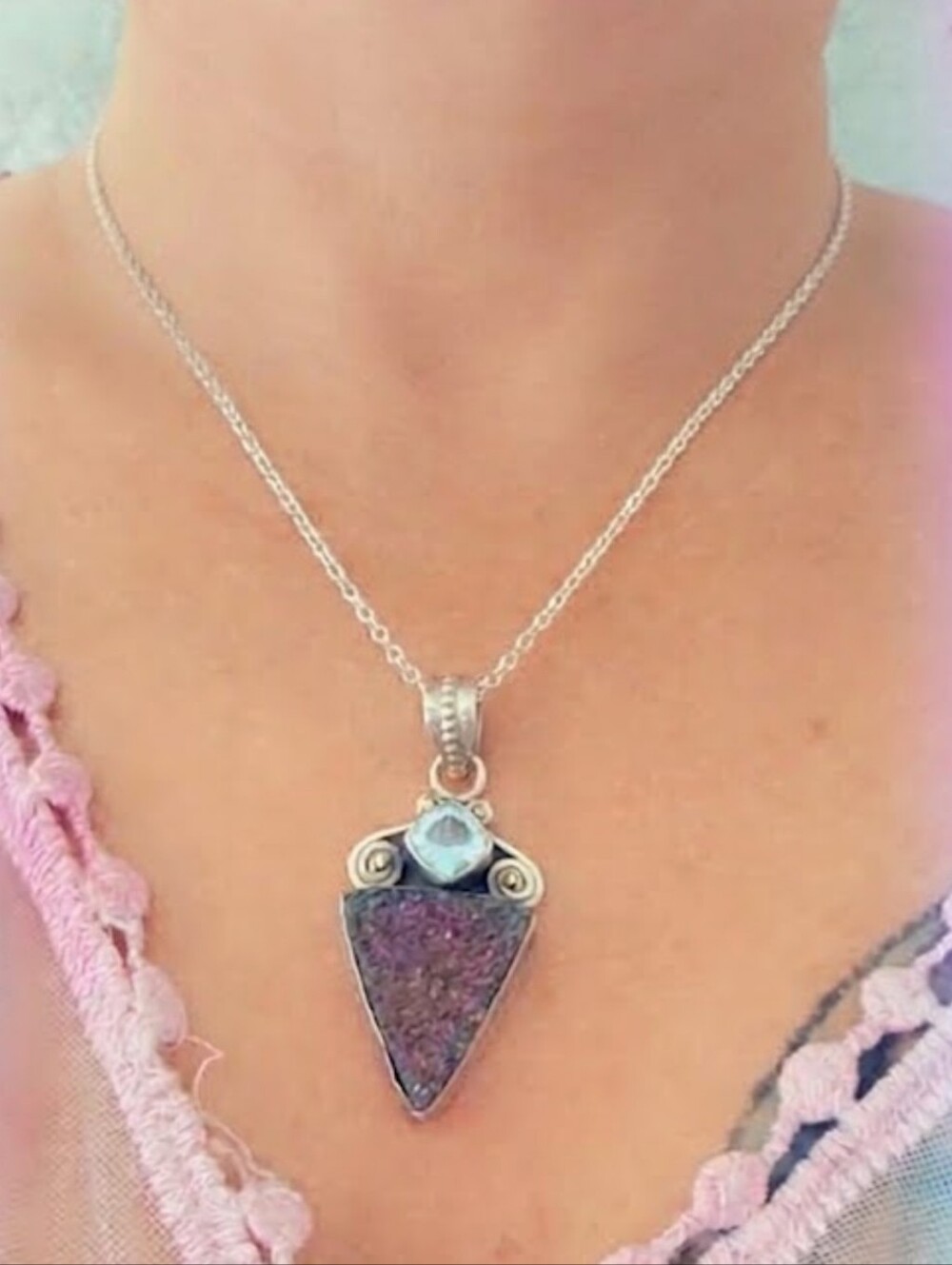 Estate Druzy & Aquamarine Gemstone Pendant Sterling Silver 925